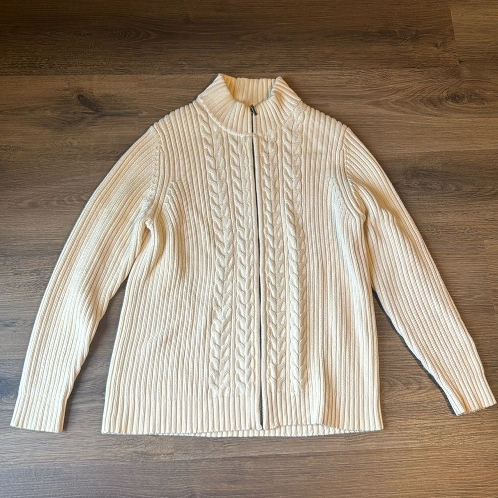 Land's End Cream Full Zip Cable Knit chunky cotton Sweater size large